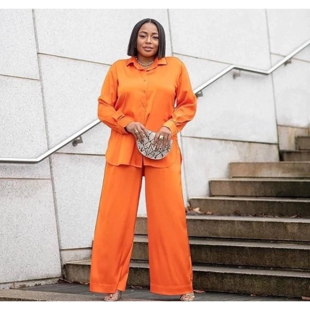 The Drop kélawalker Long-Sleeve Button Top Stretch Satin Scarlet Ibis Orange L